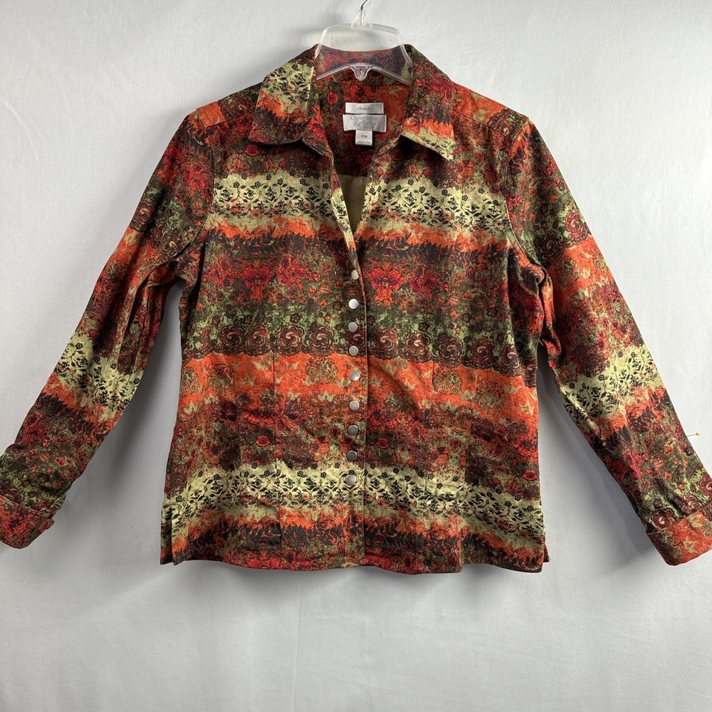 Christopher & Banks Jacket Petite Medium Snap Stretch V Neck Colorful Fall